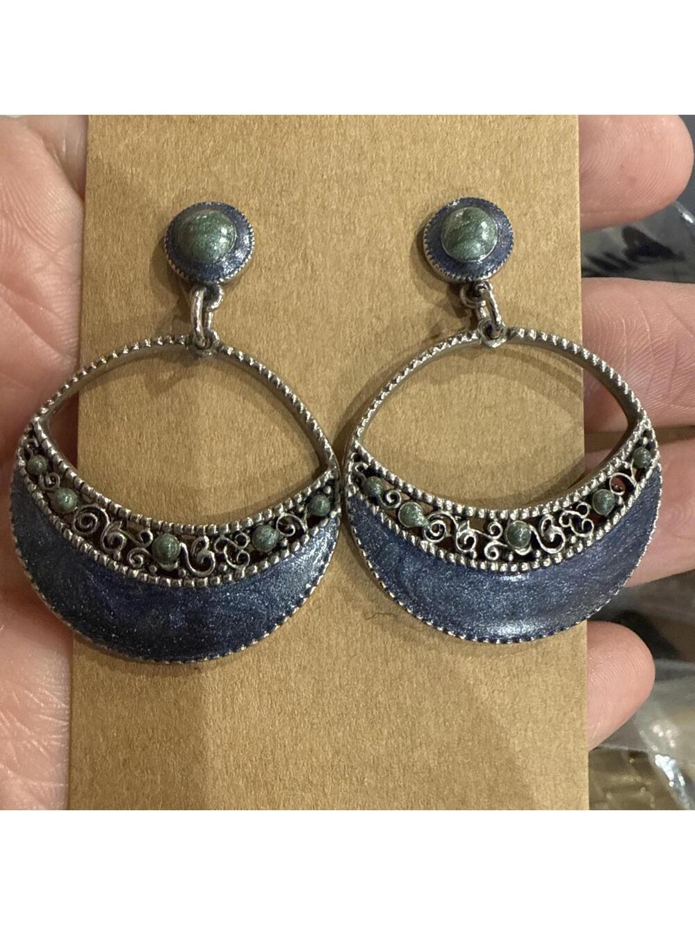Vintage signed BEREBI Silver TONE blue Enamel Dangly Disc Earrings